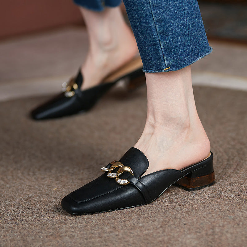 Top Layer Cowhide Square Head Low Heel Metal Chain Sandals