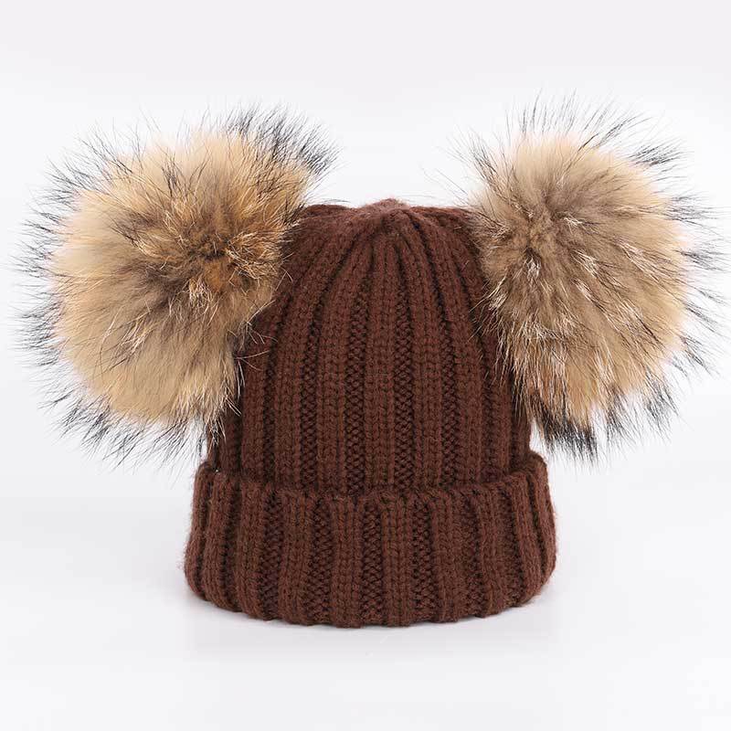 Men's And Women's Thickened Raccoon Fur Ball Knitted Ear  Set