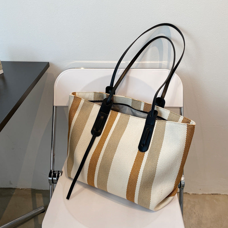 Korean Version Of Simple Canvas Portable Briefcase Female Large-capacity Shopping Bag Business Striped Tote Bag Student Make-up Bag