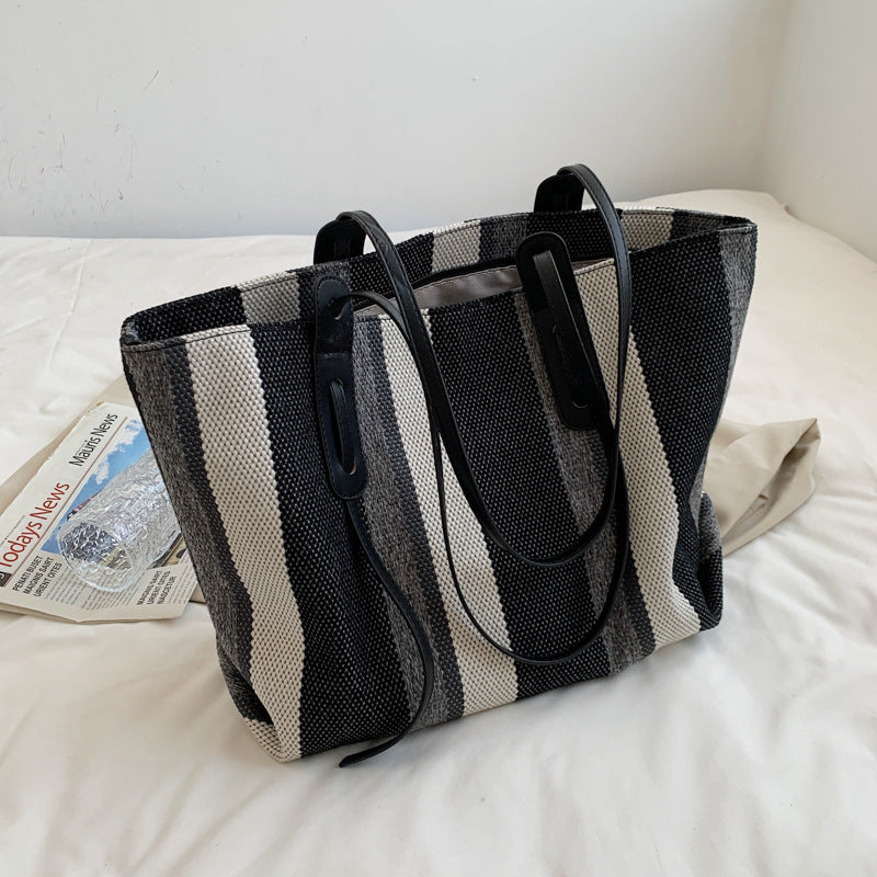 Korean Version Of Simple Canvas Portable Briefcase Female Large-capacity Shopping Bag Business Striped Tote Bag Student Make-up Bag