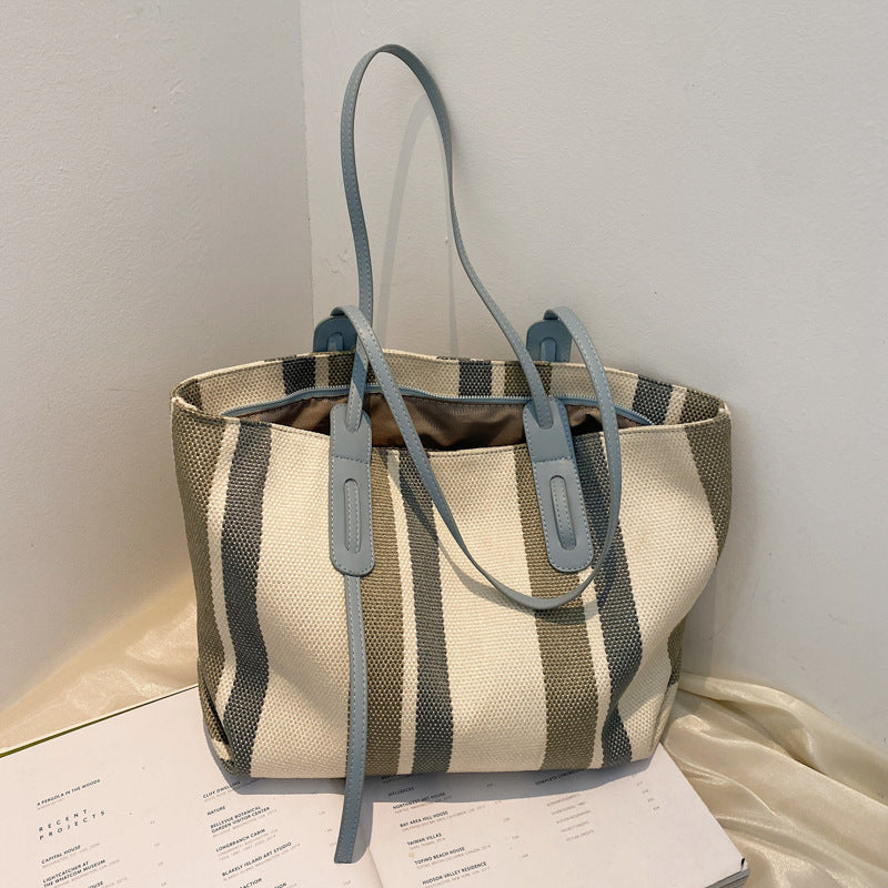 Korean Version Of Simple Canvas Portable Briefcase Female Large-capacity Shopping Bag Business Striped Tote Bag Student Make-up Bag