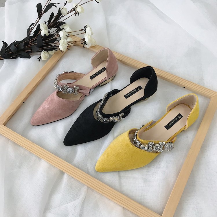 Korean Style Pointed Rhinestone Beaded Hollow Low-heeled Flat-bottomed French Girl Shoes