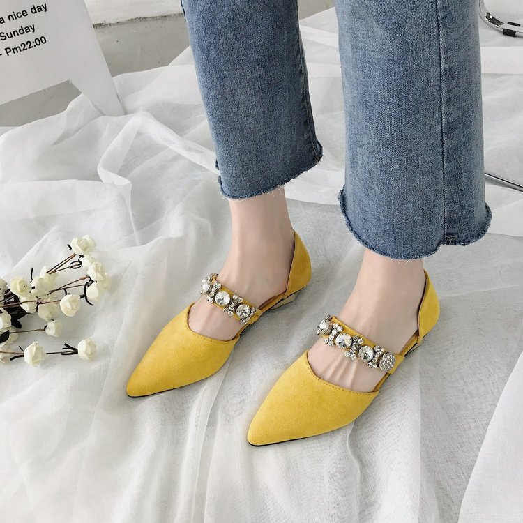 Korean Style Pointed Rhinestone Beaded Hollow Low-heeled Flat-bottomed French Girl Shoes