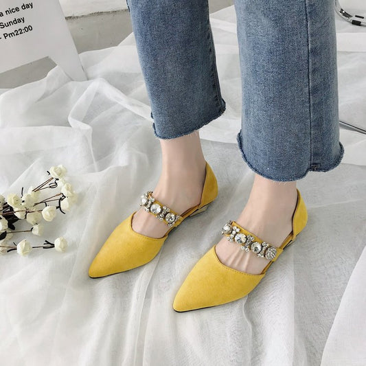 Korean Style Pointed Rhinestone Beaded Hollow Low-heeled Flat-bottomed French Girl Shoes