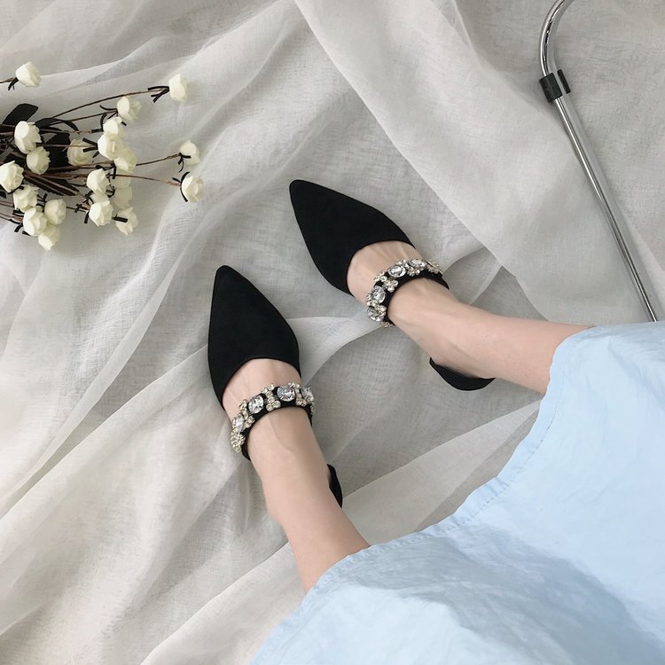 Korean Style Pointed Rhinestone Beaded Hollow Low-heeled Flat-bottomed French Girl Shoes