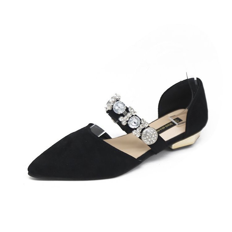 Korean Style Pointed Rhinestone Beaded Hollow Low-heeled Flat-bottomed French Girl Shoes