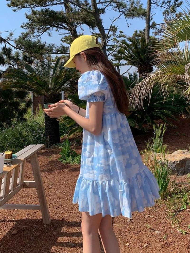 Korean Minority Blue Sky And White Cloud Print Dress