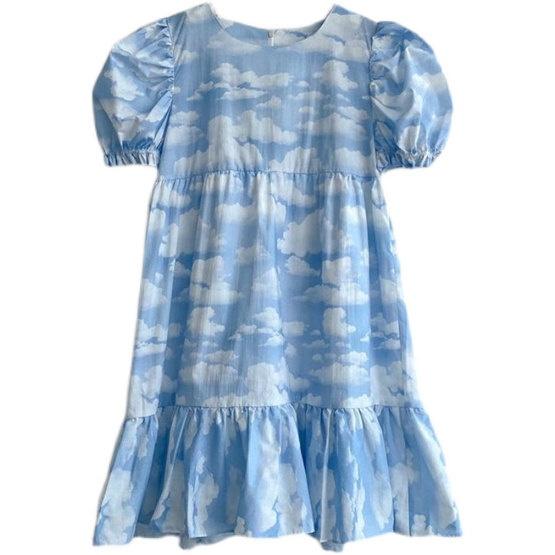 Korean Minority Blue Sky And White Cloud Print Dress