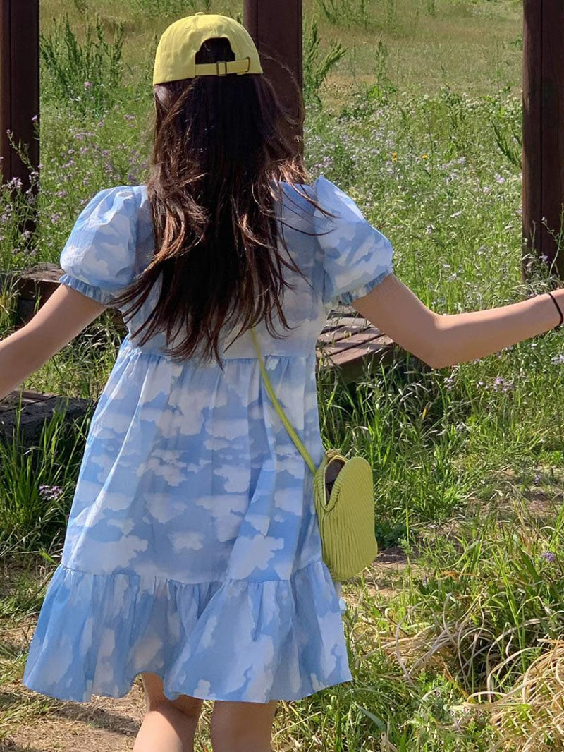 Korean Minority Blue Sky And White Cloud Print Dress