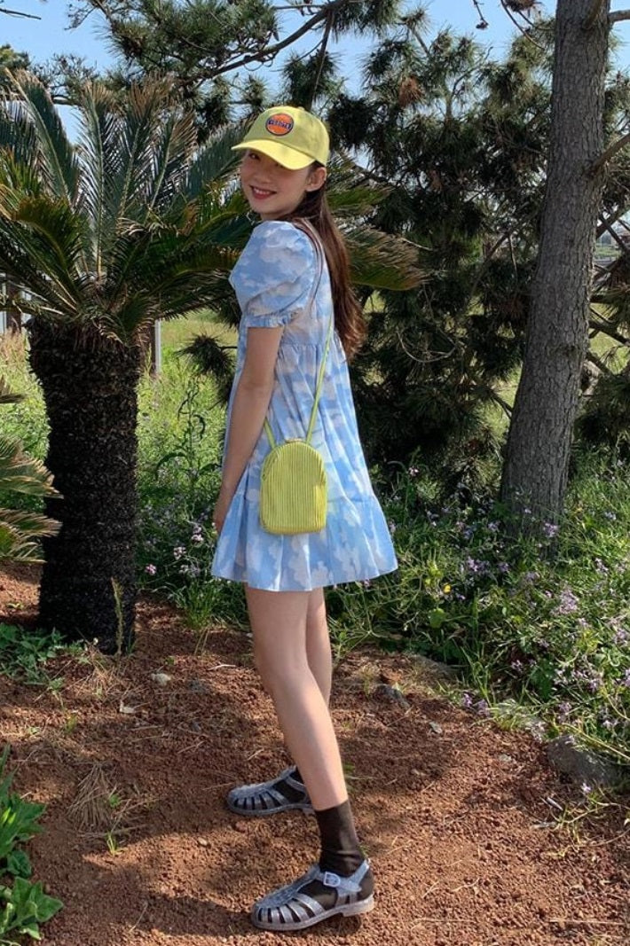 Korean Minority Blue Sky And White Cloud Print Dress