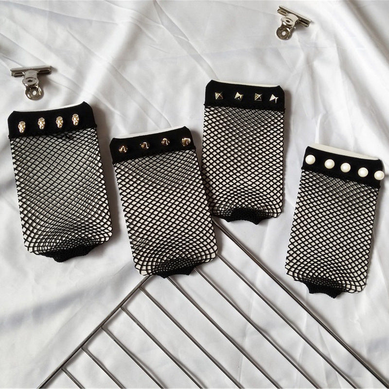 Hollow Cross Fishing Grid Socks Nails Pearl Socks Perspective