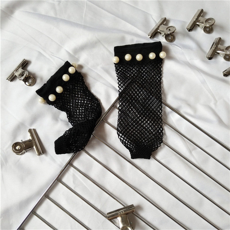 Hollow Cross Fishing Grid Socks Nails Pearl Socks Perspective