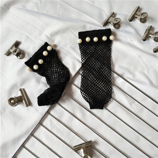 Hollow Cross Fishing Grid Socks Nails Pearl Socks Perspective