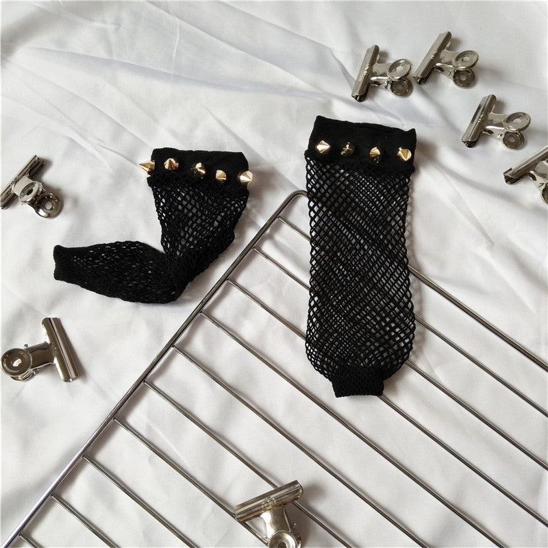 Hollow Cross Fishing Grid Socks Nails Pearl Socks Perspective