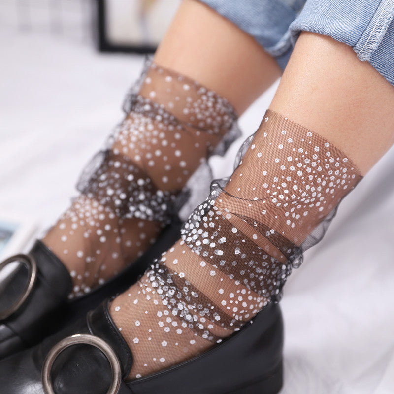 Summer Polka Dots Tulle Socks Women Breathable Transparent