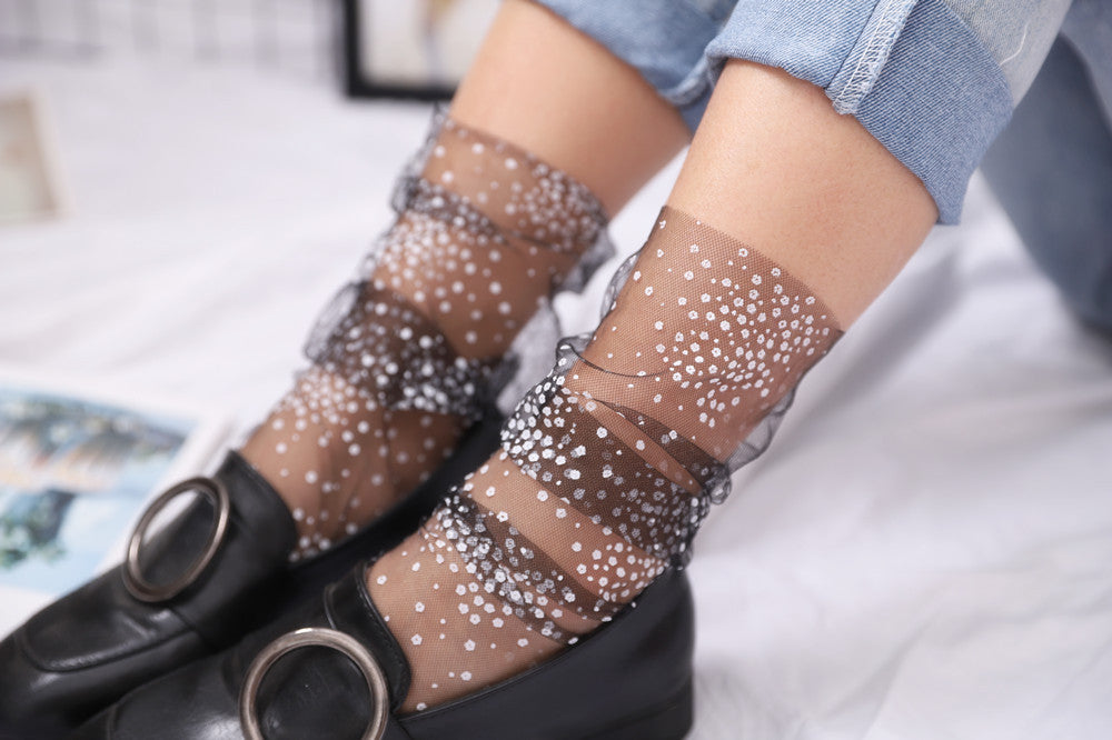 Summer Polka Dots Tulle Socks Women Breathable Transparent
