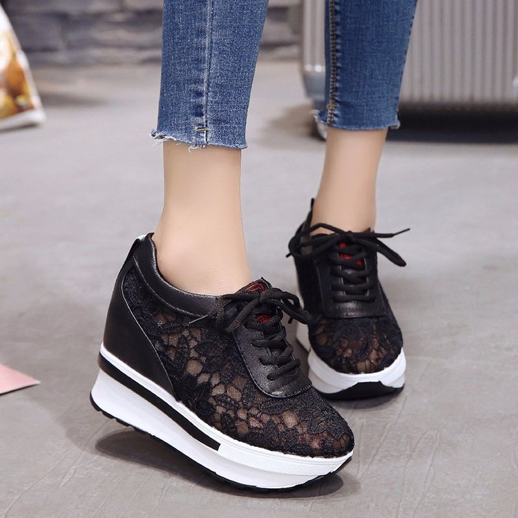 Spring And Summer Mesh Shallow Mouth Round Toe Sponge Cake With Rubber Lace-Up Shoes