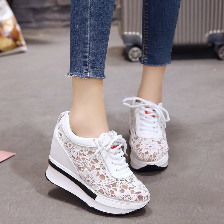 Spring And Summer Mesh Shallow Mouth Round Toe Sponge Cake With Rubber Lace-Up Shoes