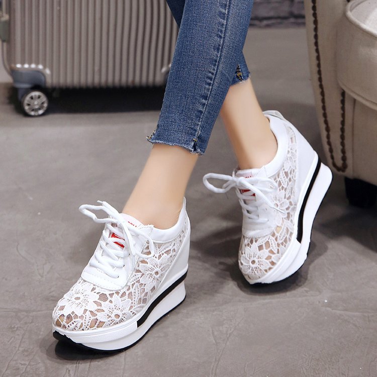 Spring And Summer Mesh Shallow Mouth Round Toe Sponge Cake With Rubber Lace-Up Shoes