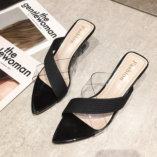 Pointed Transparent Plastic Knit Surface Stitching Outer Wear Stiletto Sandals And Slippers