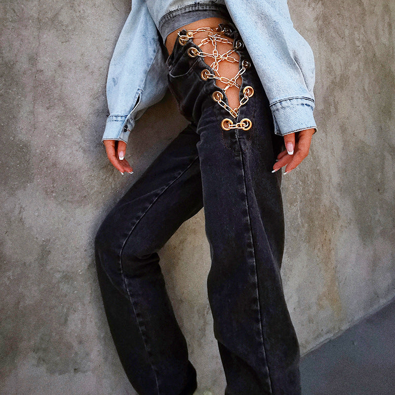Højtaljede kæde straight-leg jeans