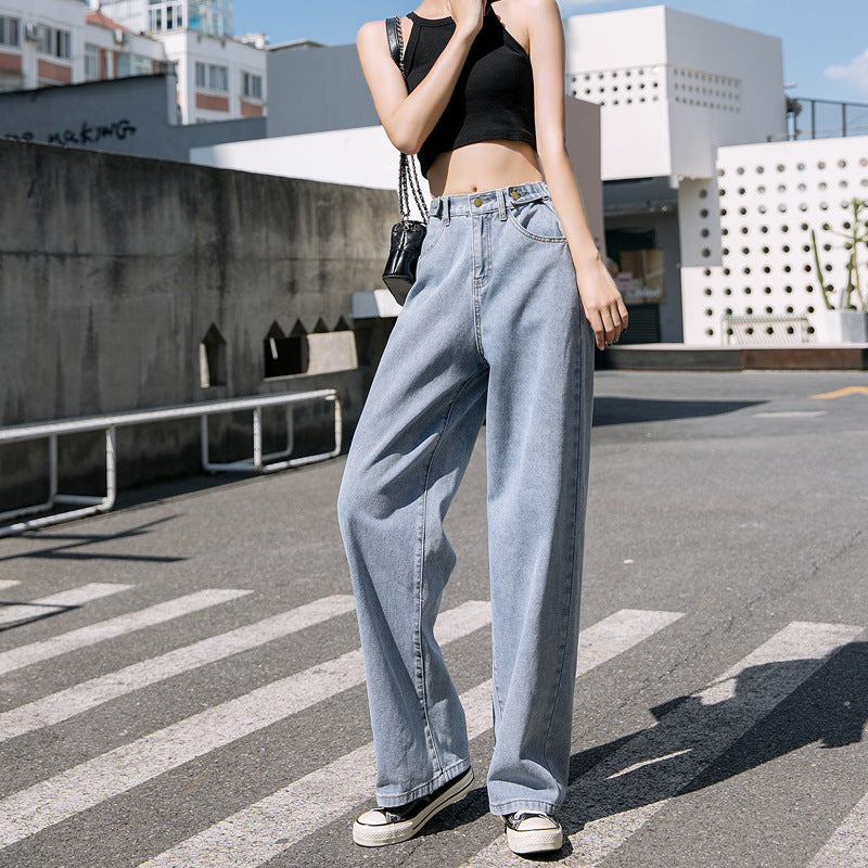 Women's Elastic Waist Straight Wide Leg Mopping Jeans
