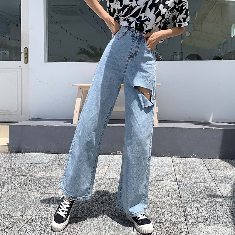 High Waist Hole Loose Net Red Pendant Straight Wide Leg Pants Mopping Pants Autumn Style