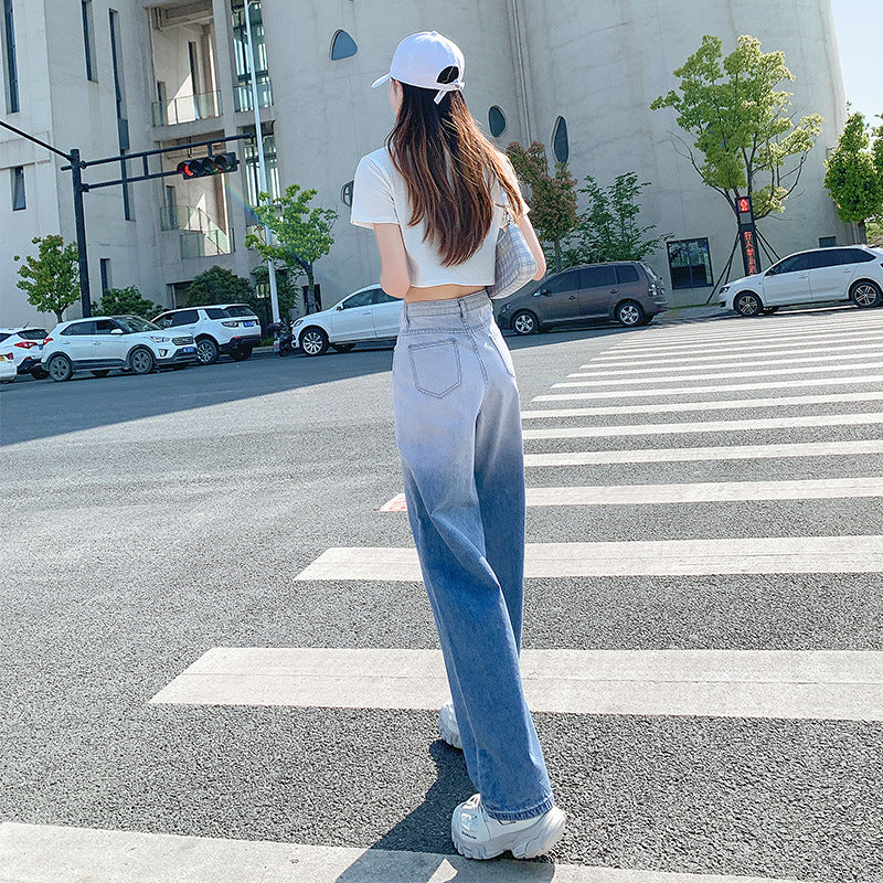 Color Upper Body Big Beautiful Summer Blue Gradient Straight Cow Trousers