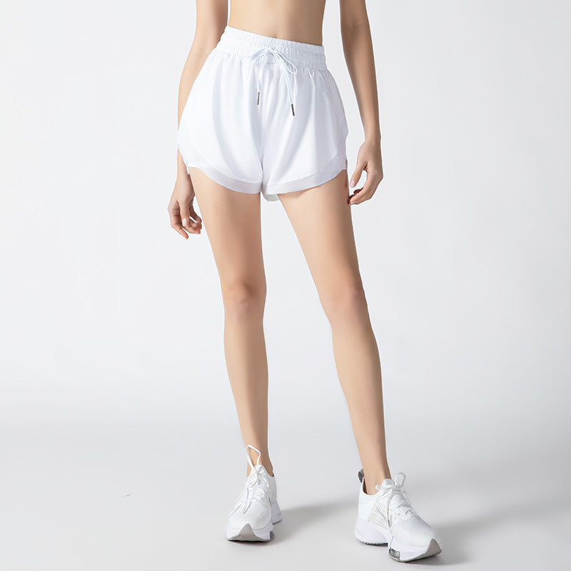 Sports Shorts Women Fake Two-piece Fitness Pants Mesh Lace Yoga Clothes Three-quarter Pants