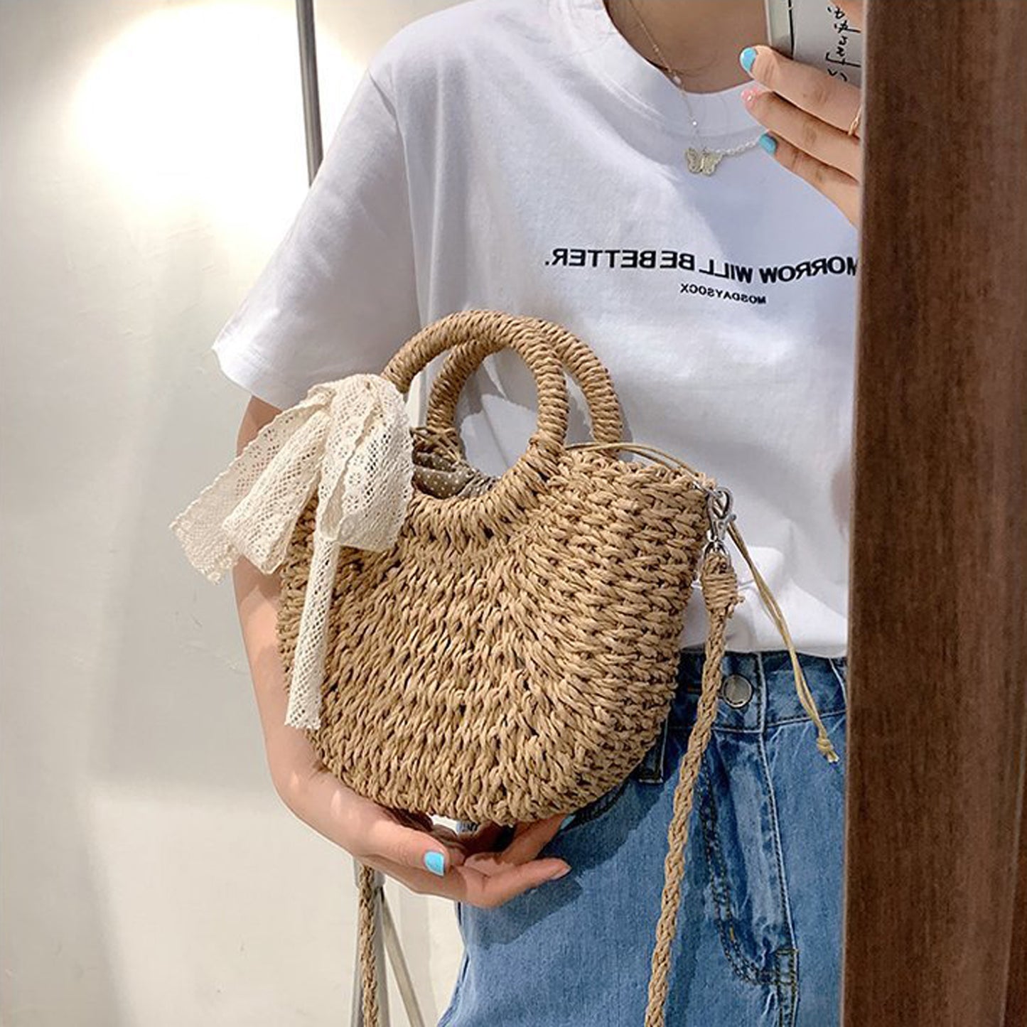 Mesh Bowknot Tassel Moon Yuan Bucket Straw Bag