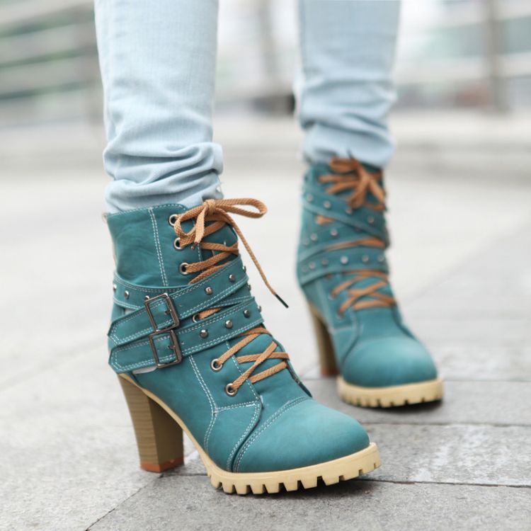 Punk Women'S Retro Ankle Boots With Buckle Straps And Thick Heel Laces