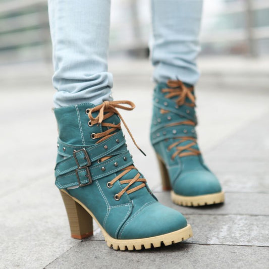 Punk Women'S Retro Ankle Boots With Buckle Straps And Thick Heel Laces