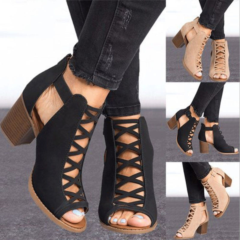 Thick-heeled High-heeled Roman Fish Mouth Hollowed Large Size 43 Buckle Sandals
