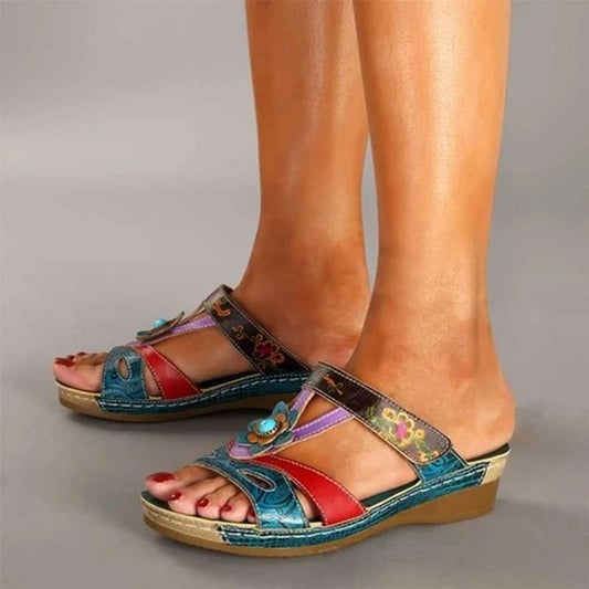 Ethnic Fish Mouth Color One Word Casual Women's Wedge Slippers