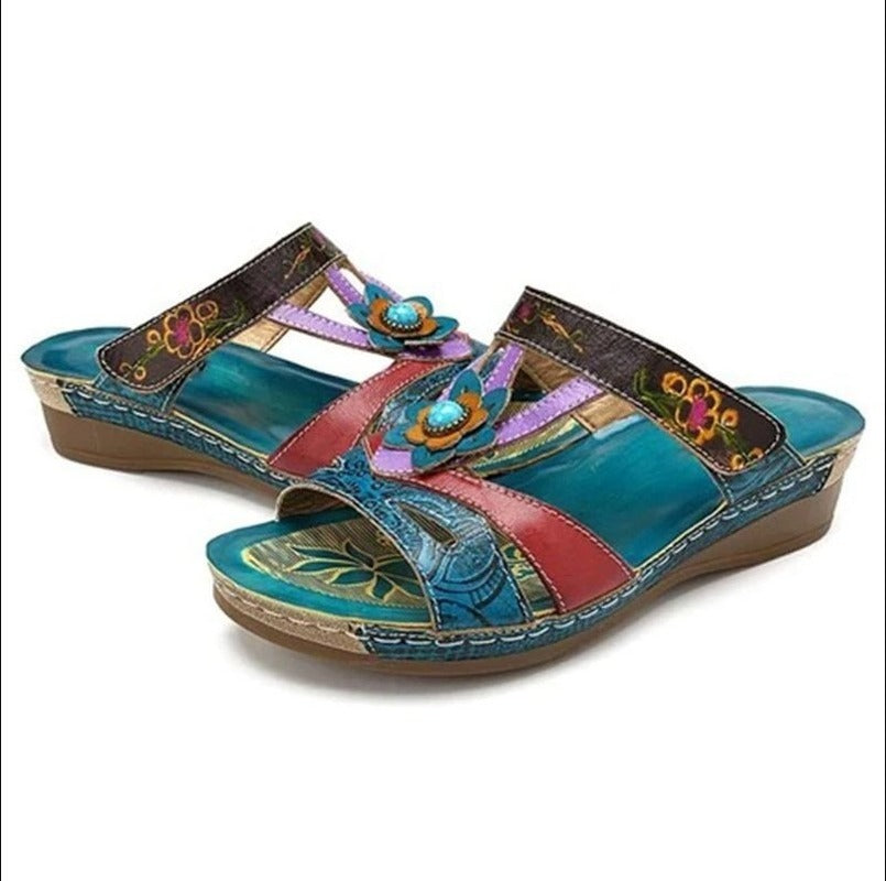 Ethnic Fish Mouth Color One Word Casual Women's Wedge Slippers