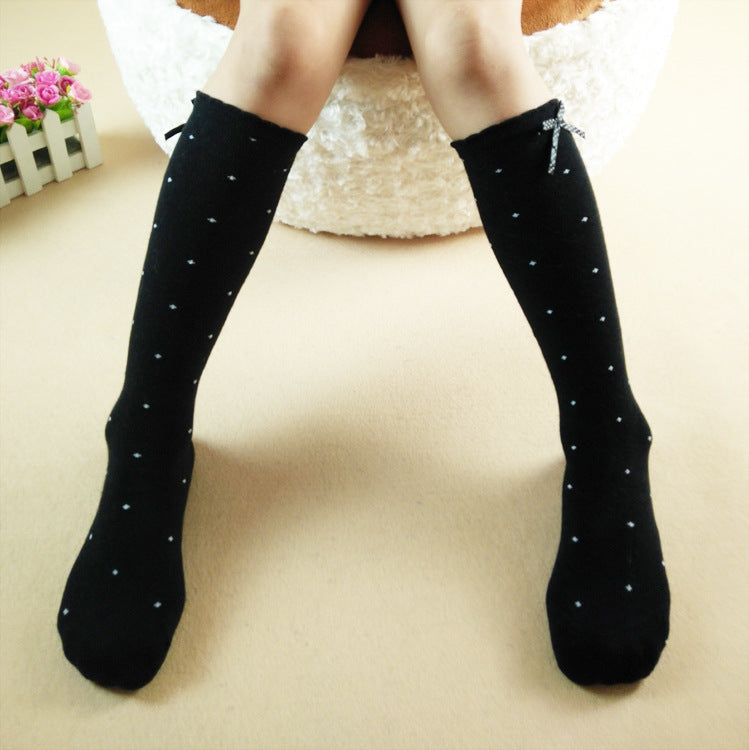 Korean Style Bowknot Polka Dot Diamond Lattice Cotton Girls Mid-high Socks