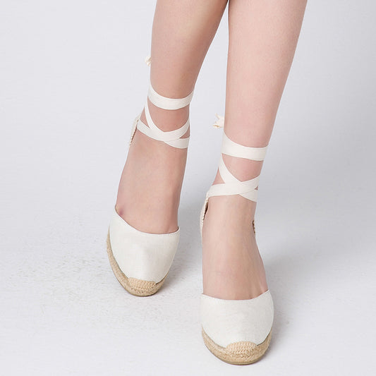 Hemp Rope Straw Sandals Sponge Cake Thick-soled Wedges With Baotou Linen