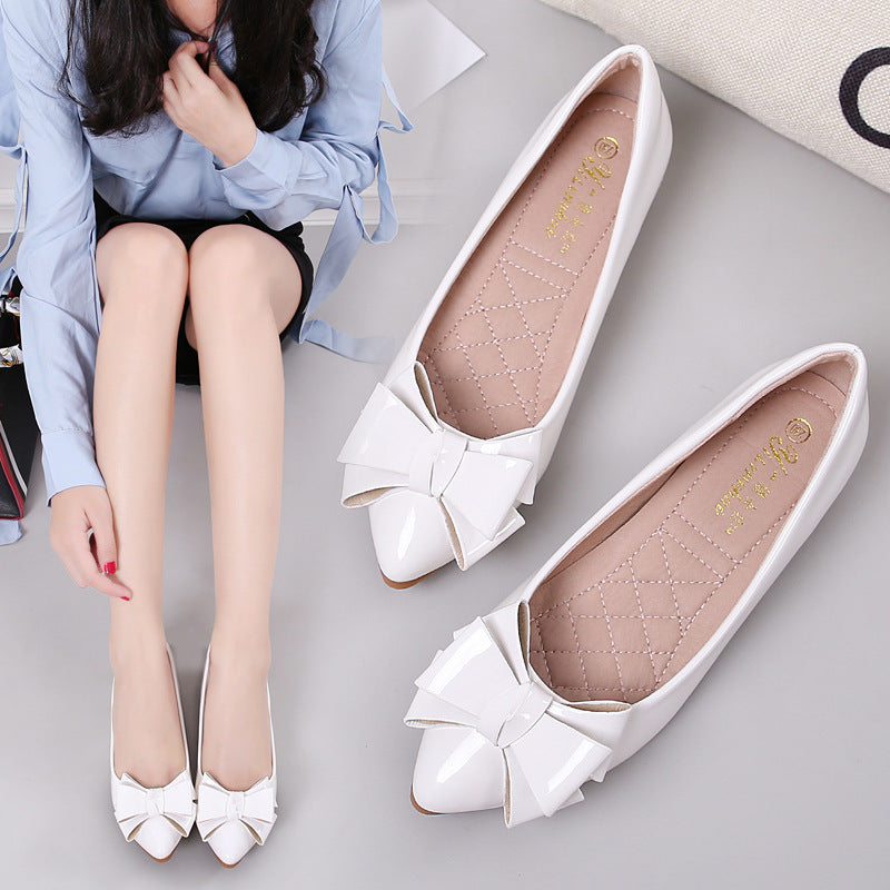 Leather White Patent Leather Inner Heightened Slope Heel Pointed Casual Women's Shoes Small Size Flat Single Shoes Mid-heel