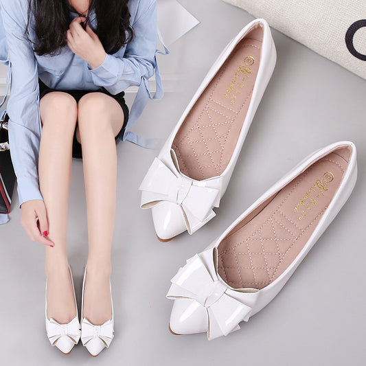 Leather White Patent Leather Inner Heightened Slope Heel Pointed Casual Women's Shoes Small Size Flat Single Shoes Mid-heel