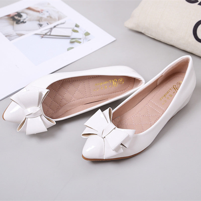 Leather White Patent Leather Inner Heightened Slope Heel Pointed Casual Women's Shoes Small Size Flat Single Shoes Mid-heel