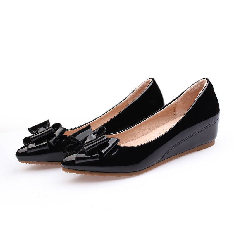 Leather White Patent Leather Inner Heightened Slope Heel Pointed Casual Women's Shoes Small Size Flat Single Shoes Mid-heel