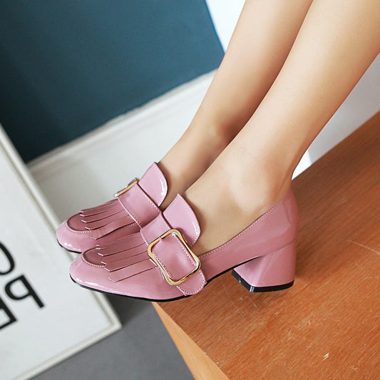 Square Toe Patent Leather Belt Buckle Solid Color Korean Style Thick Heel Ladies Shoes