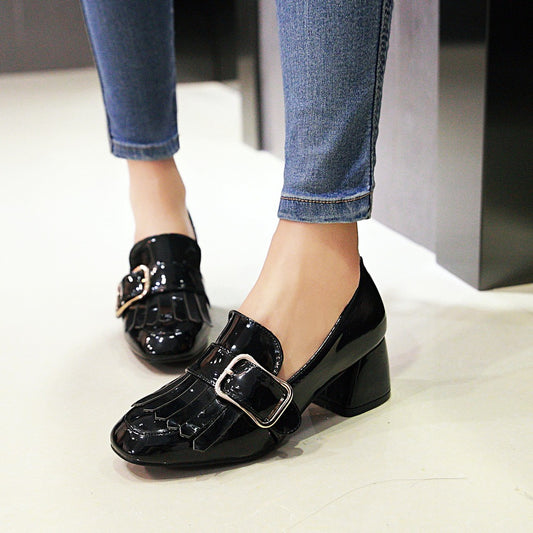 Square Toe Patent Leather Belt Buckle Solid Color Korean Style Thick Heel Ladies Shoes