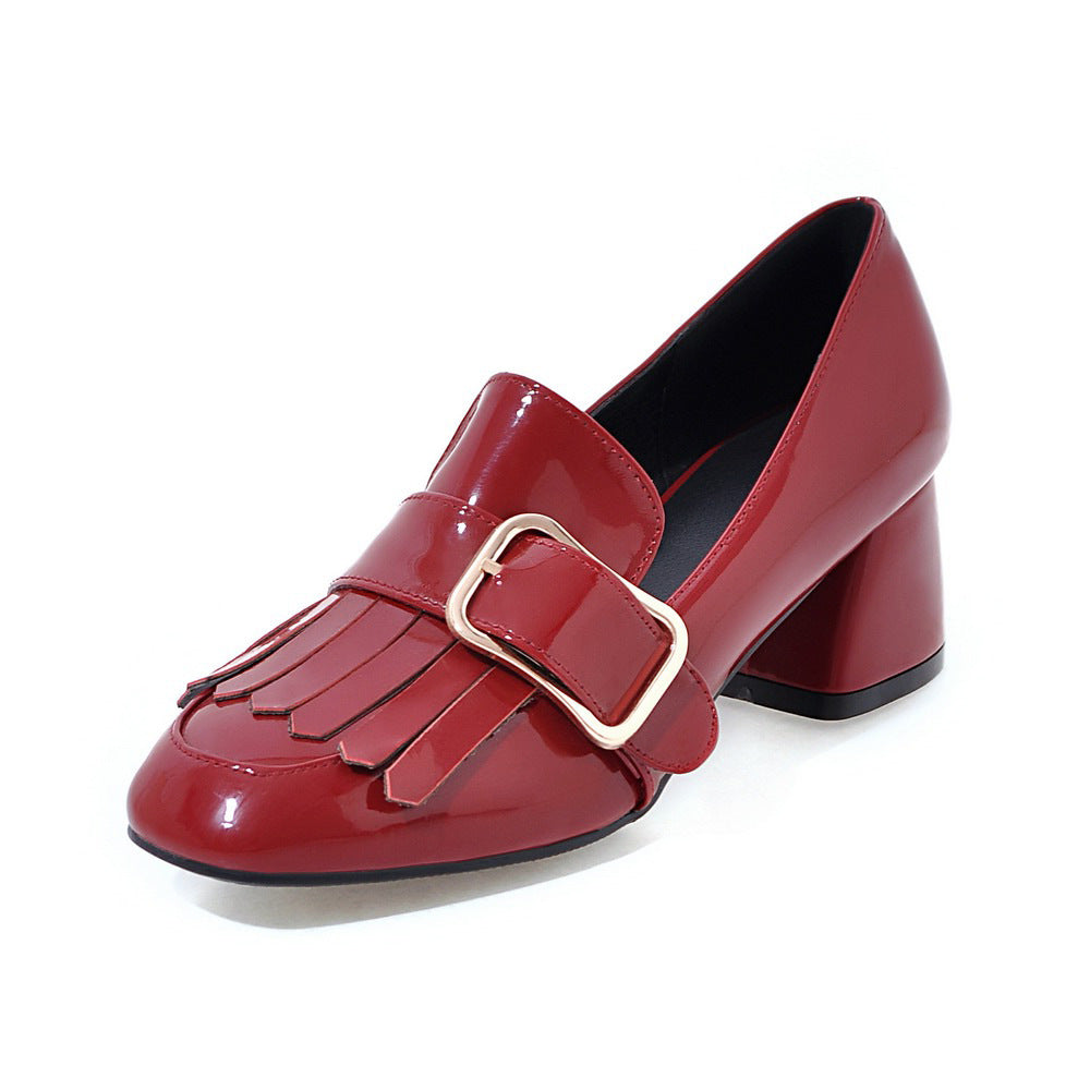 Square Toe Patent Leather Belt Buckle Solid Color Korean Style Thick Heel Ladies Shoes