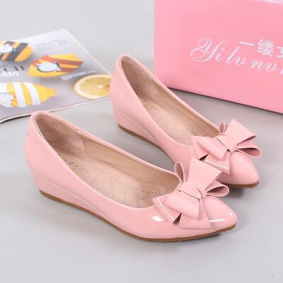 Leather White Patent Leather Inner Heightened Slope Heel Pointed Casual Women's Shoes Small Size Flat Single Shoes Mid-heel