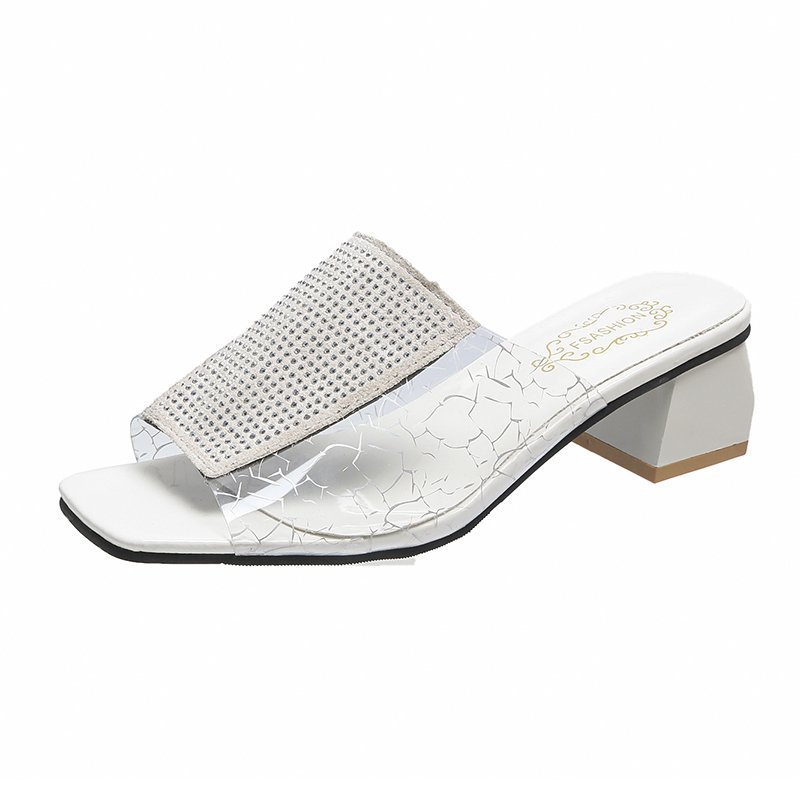 Rhinestone Rubber Casual Fashion Flat Head Spot One-shaped High-heeled Slippers