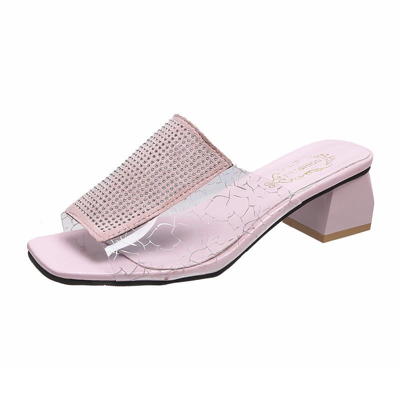 Rhinestone Rubber Casual Fashion Flat Head Spot One-shaped High-heeled Slippers