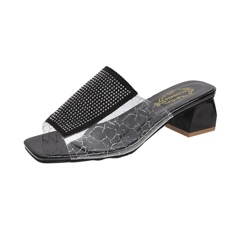 Rhinestone Rubber Casual Fashion Flat Head Spot One-shaped High-heeled Slippers
