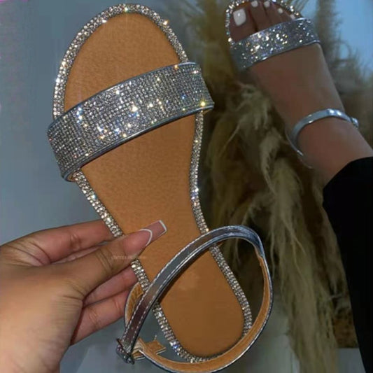 Women's Summer New Large Size Flat Sandals With Rhinestones
