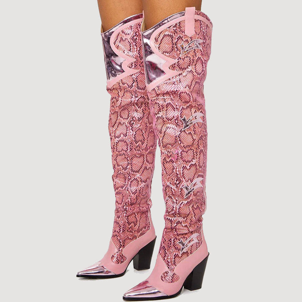 Fashion Sexy Snake Print Pointed Toe Thick Heel High Heel Boots Women
